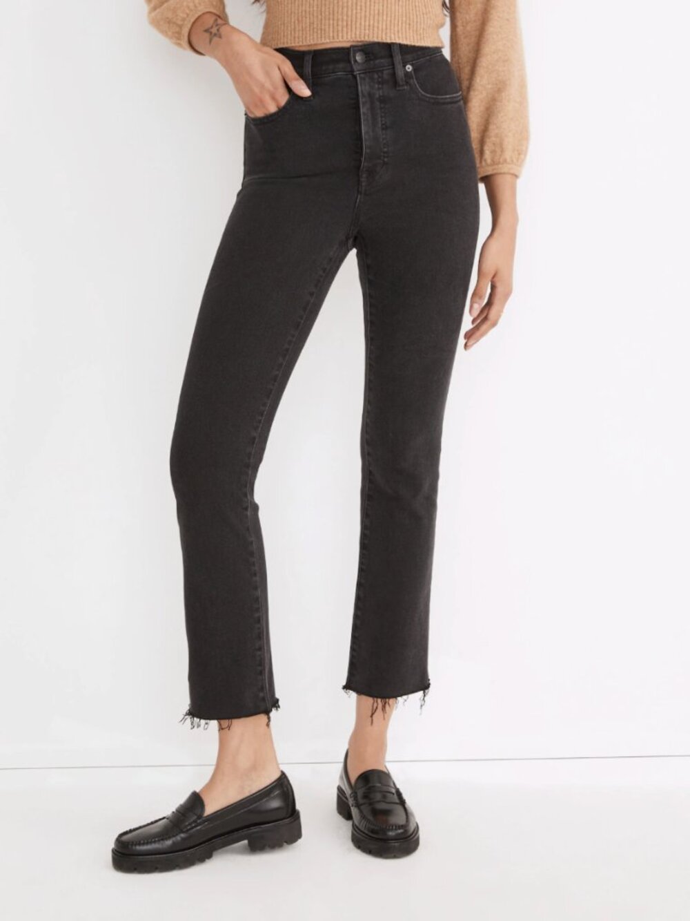 Madewell Cali Demi-Boot Mid-Rise Stretch Denim Cropped Jeans Black Raw-Hem, 24